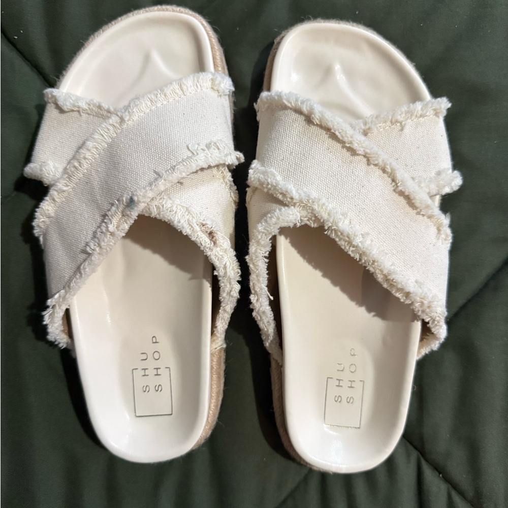 Lulu's Cream Frayed Slide Sandals